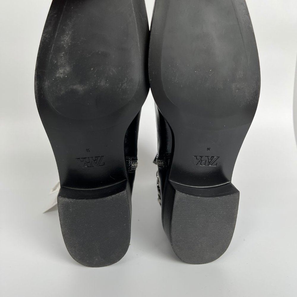 New Zara Short Heel Ankle Boots Pearl Beads Chains Leather Booties Combat Riding - Picture 11 of 14